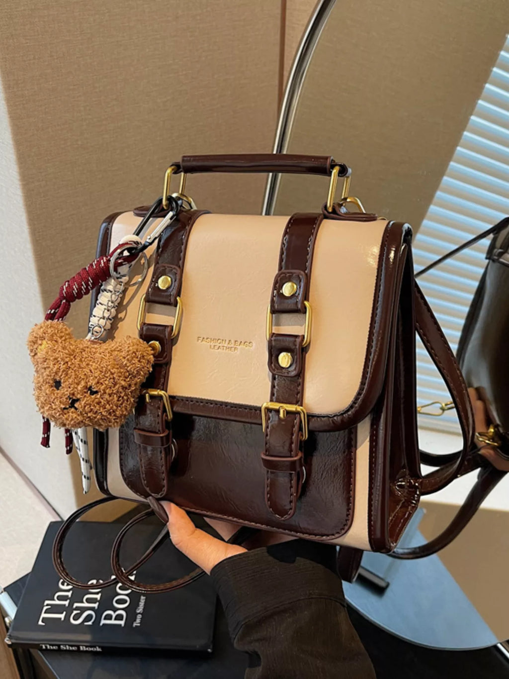 Two-Tone Brown and Beige Small Buckle Flap Backpack