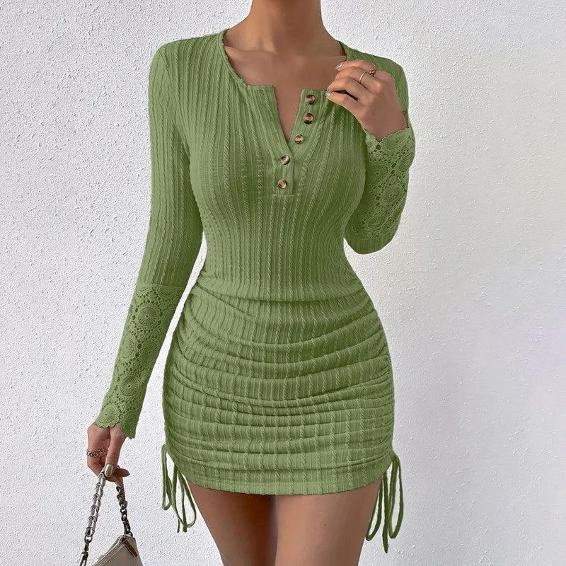 Women's Elegant Bodycon Dress - Round Neck With Button Detail, Solid Color Long Sleeve Lace Cuff & Drawstring Hem Holiday Dress