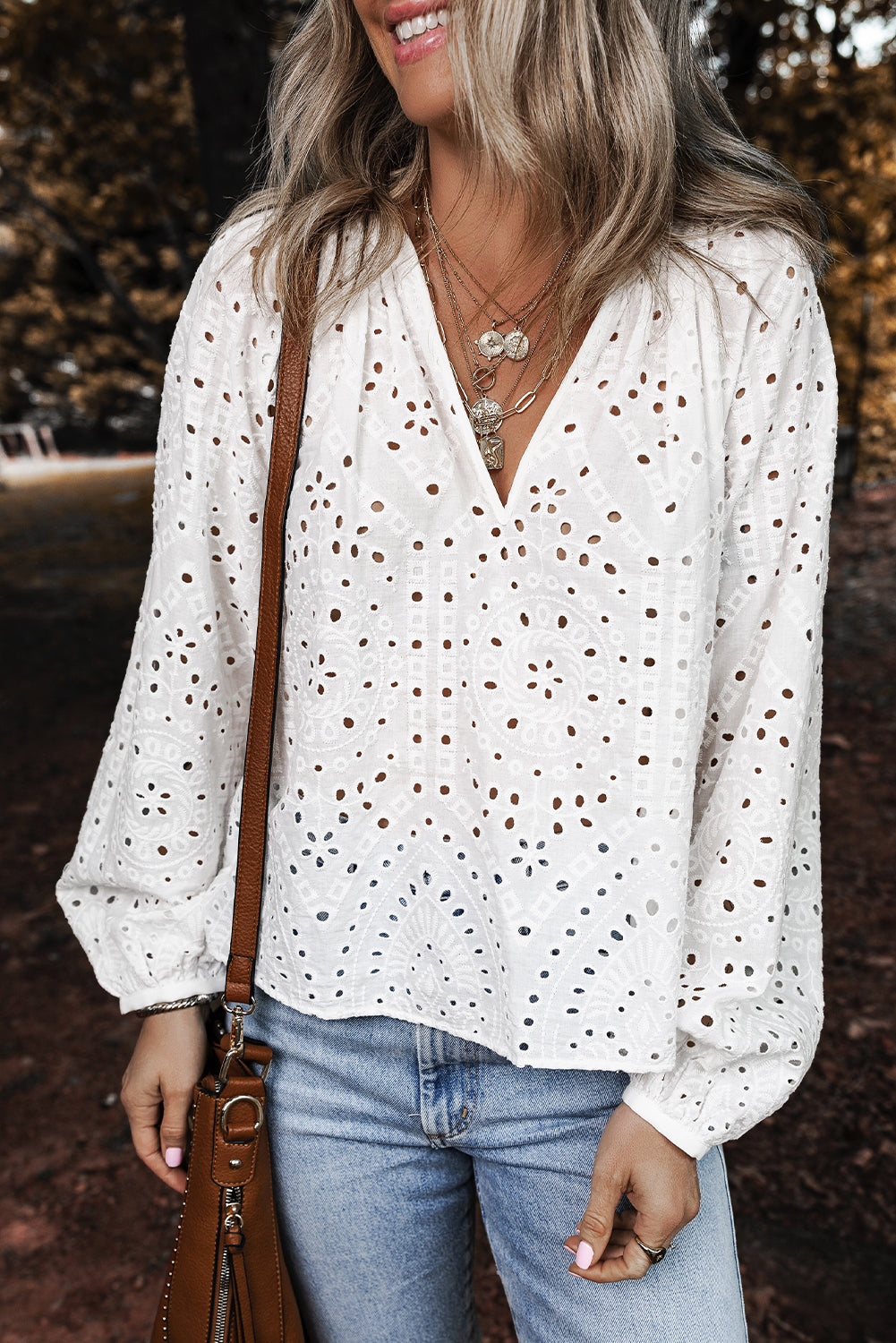 White Eyelet Puff Sleeve Blouse with V Neck