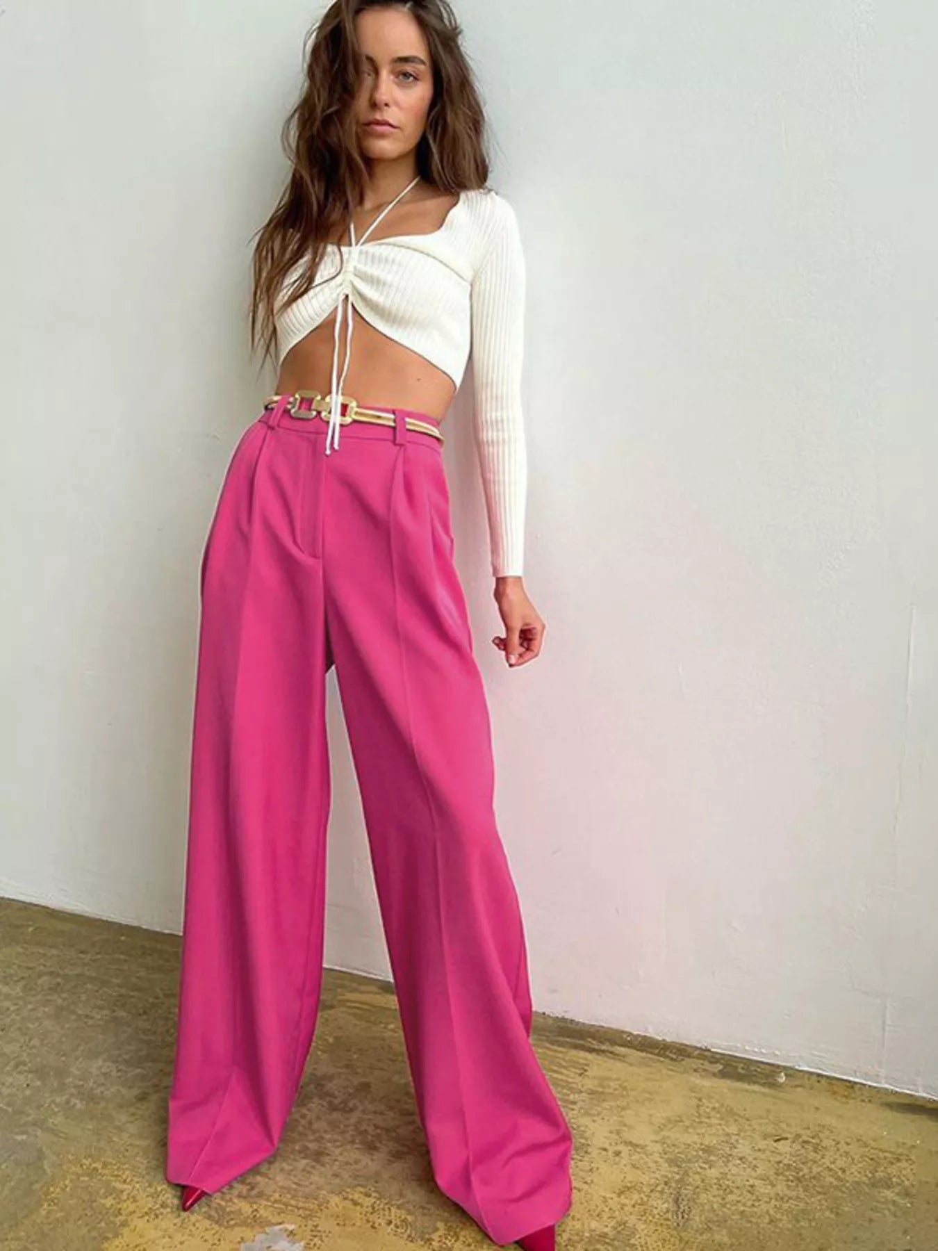 Women's High-Rise Wide Leg Pleated Pants – Relaxed Floor Length