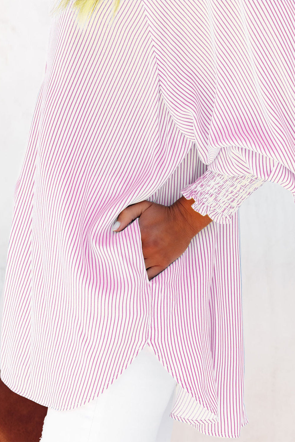 Striped Casual Blouse with Shirred Cuffs