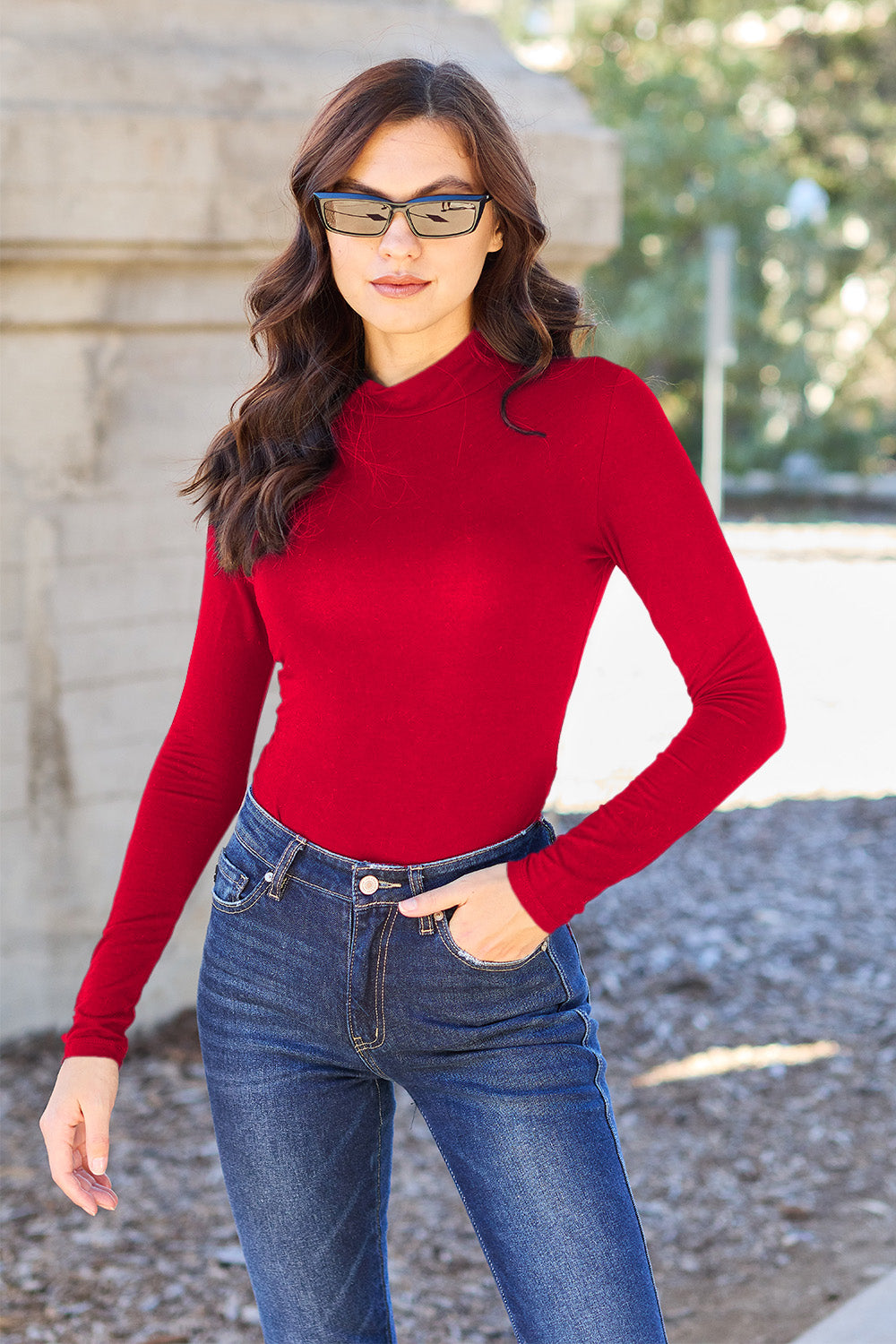 Basic Bae Mock Neck Long Sleeve Bodysuit For Women Opaque Stretch Knit Full Size Everyday Essential