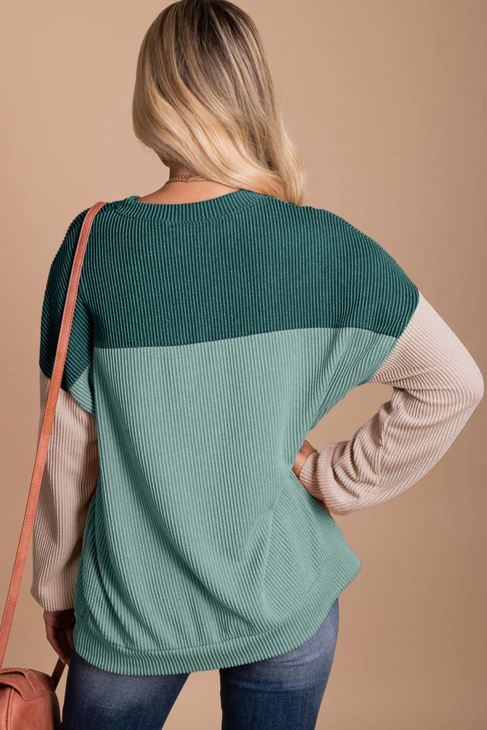 Khaki Color Block Long Sleeve Ribbed Loose Women's Top