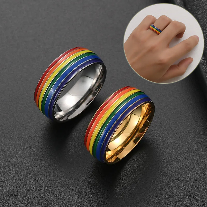 Fashion Rainbow Pride Ring Women Men Gay Lesbian LGBT Stainless Steel