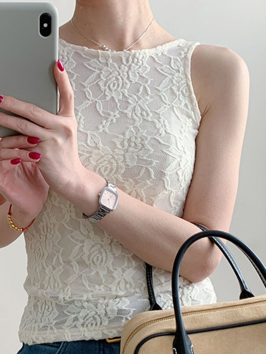 Women's Sheer Floral Lace Round Neck Tank Top in Ivory