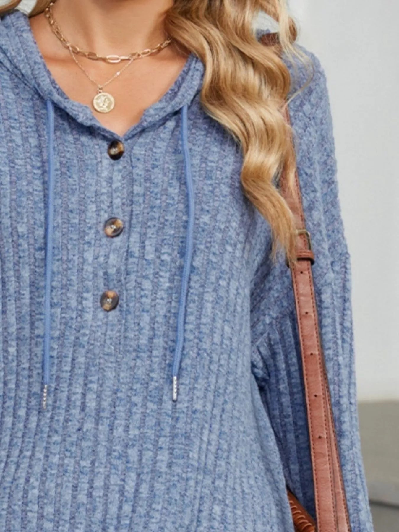 Women's Black Ribbed Knit Hoodie with Functional Button Detail