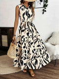 Printed Maxi Dress with Tie Waist - Sleeveless Elegance