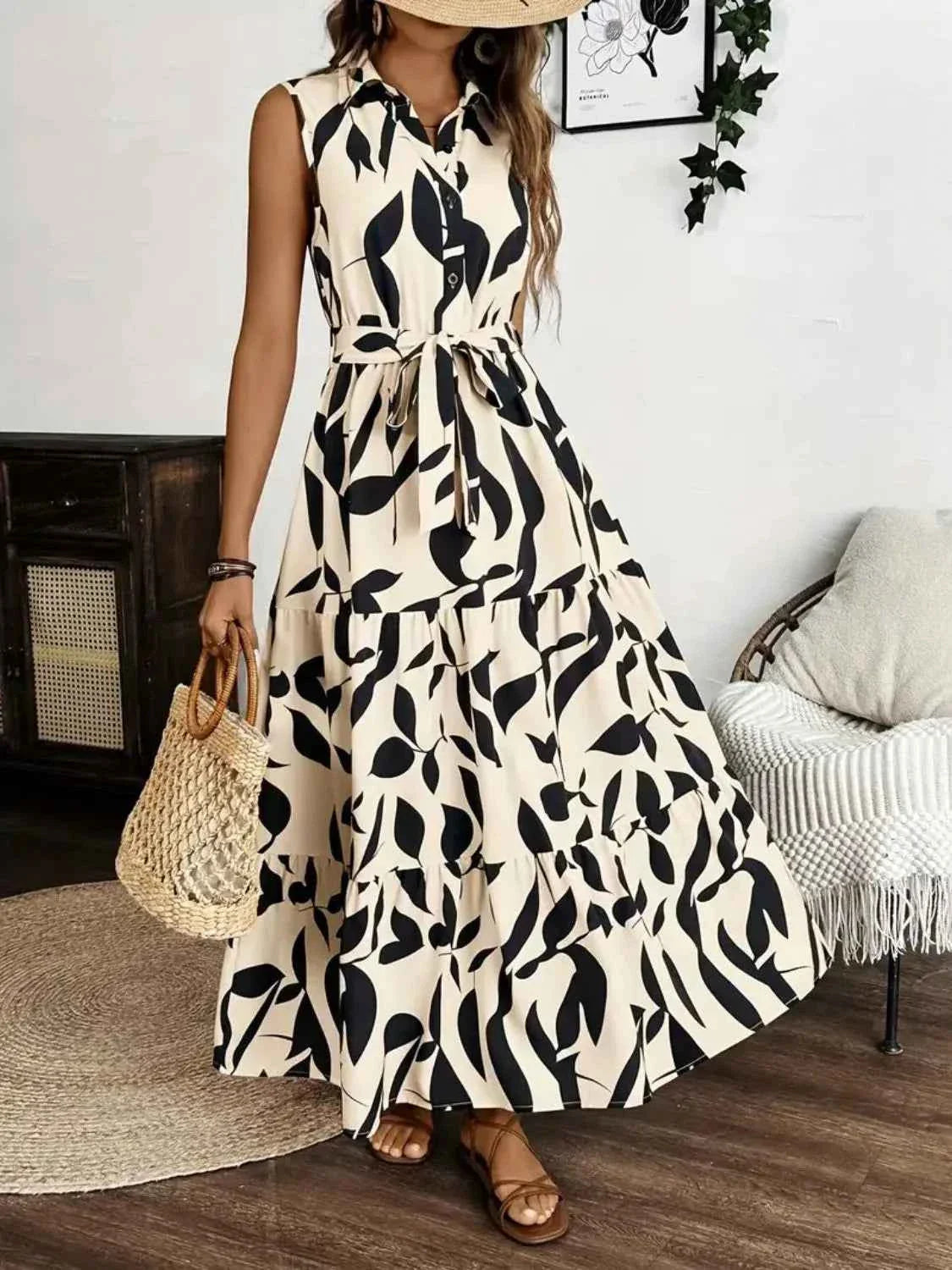 Printed Maxi Dress with Tie Waist - Sleeveless Elegance
