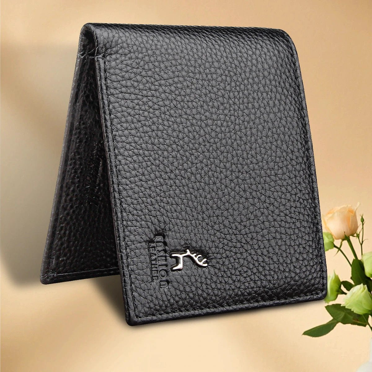 Black Men's Genuine Leather Wallet Cowhide Short Bifold