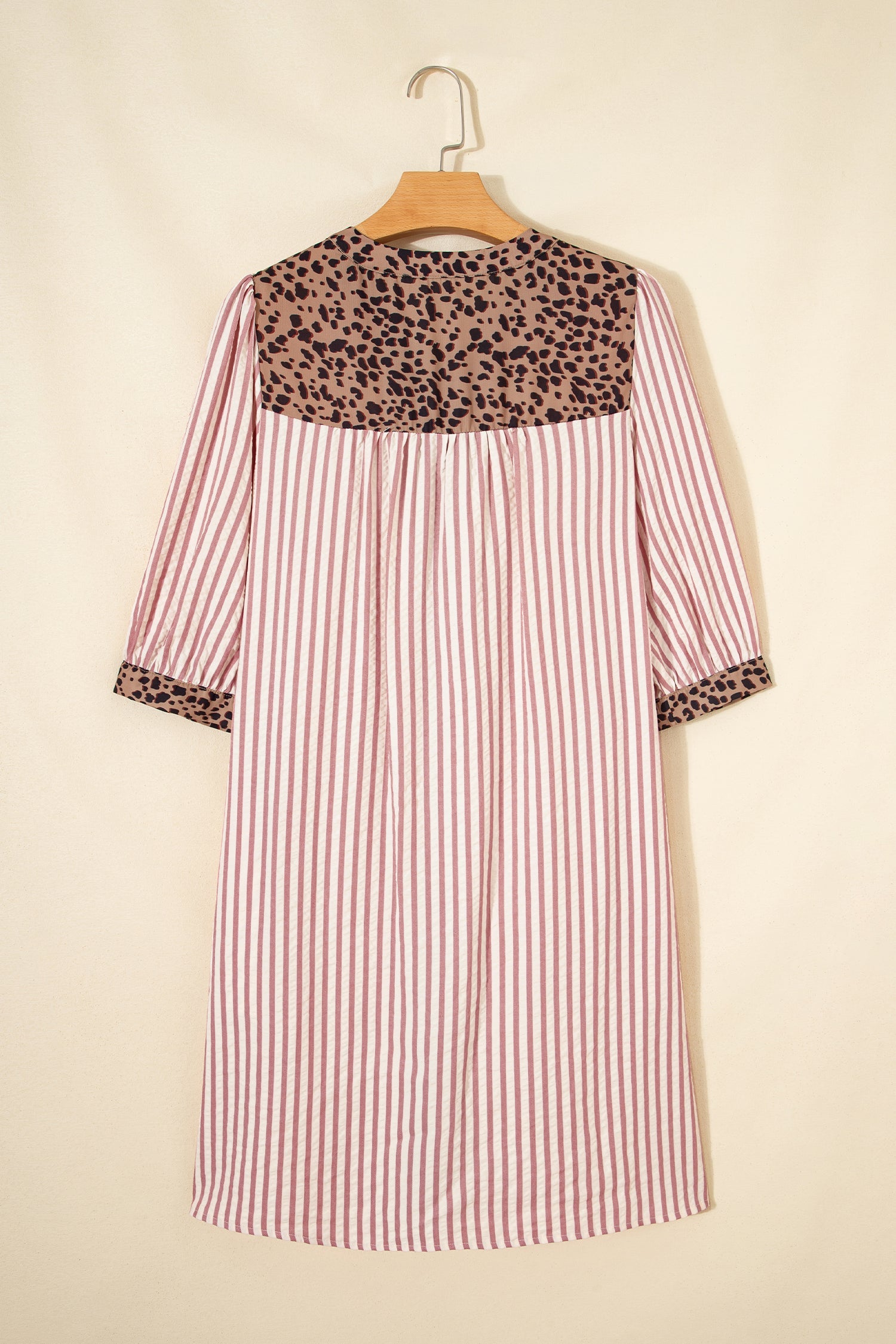 Pink Stripe Square Button Leopard Trim Loose Bracelet Sleeve Shirt Dress