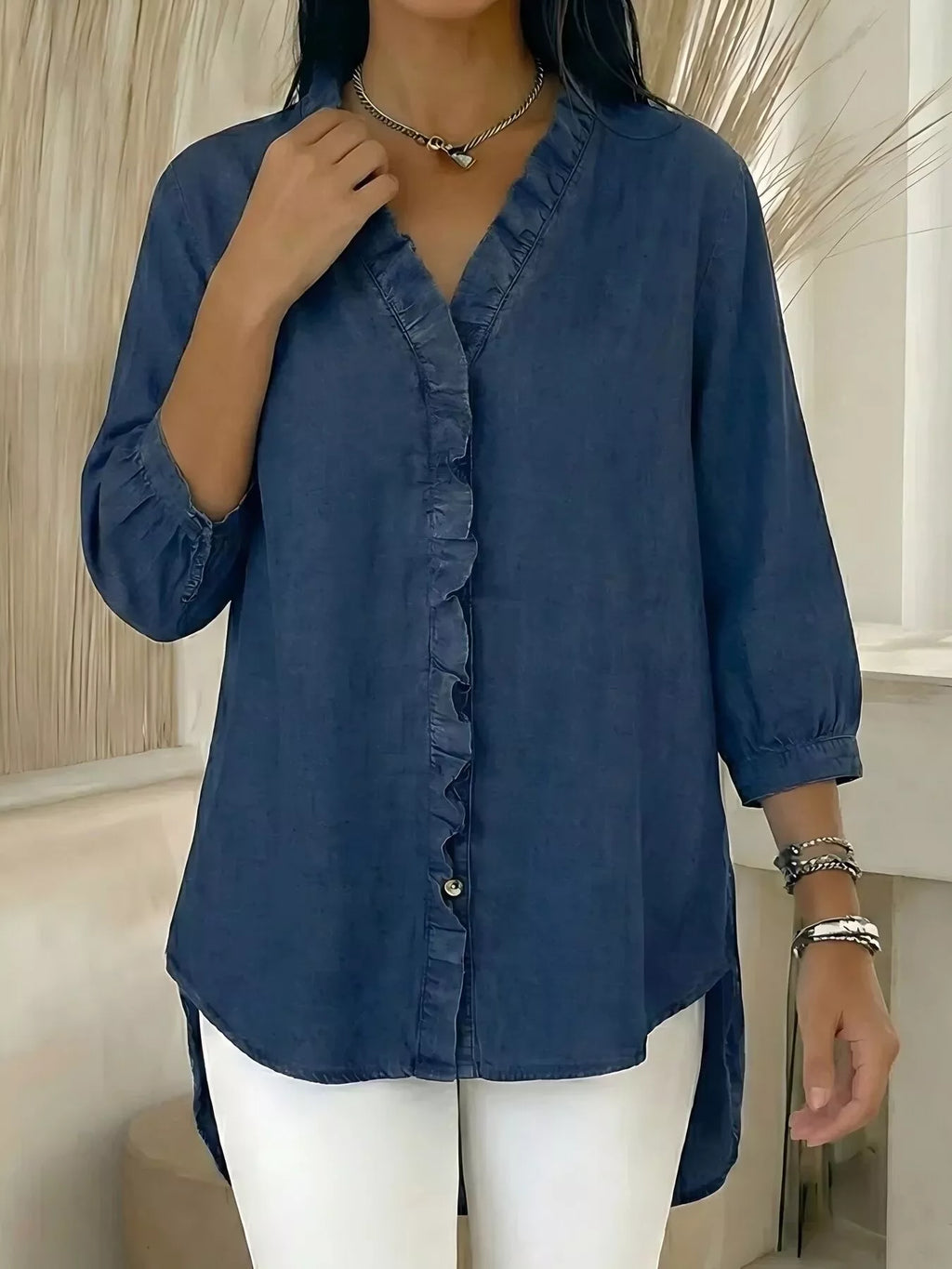 Women's V-Neck Ruffled Button Down Shirt Plus Size