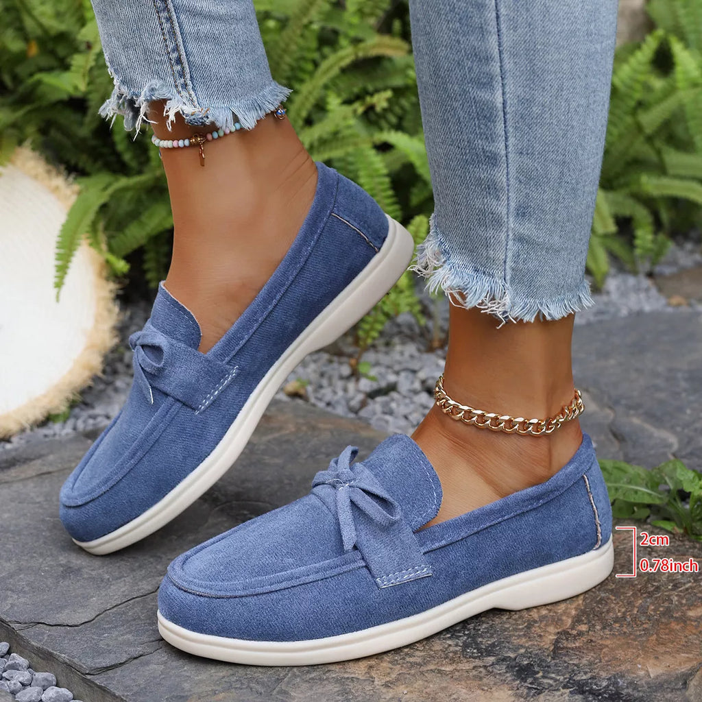 Women's Gray Suede Bow Slip-On Flats Round Toe Casual Shoes