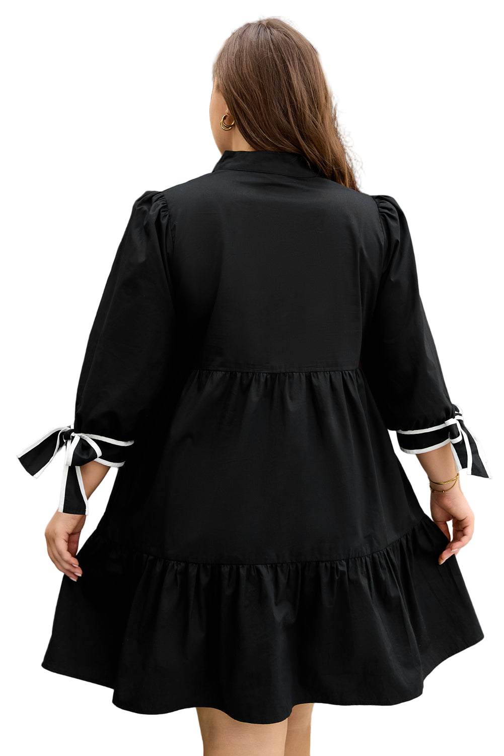 Black Contrast Trim Knot Cuffs Plus Size V Neck Mini Dress