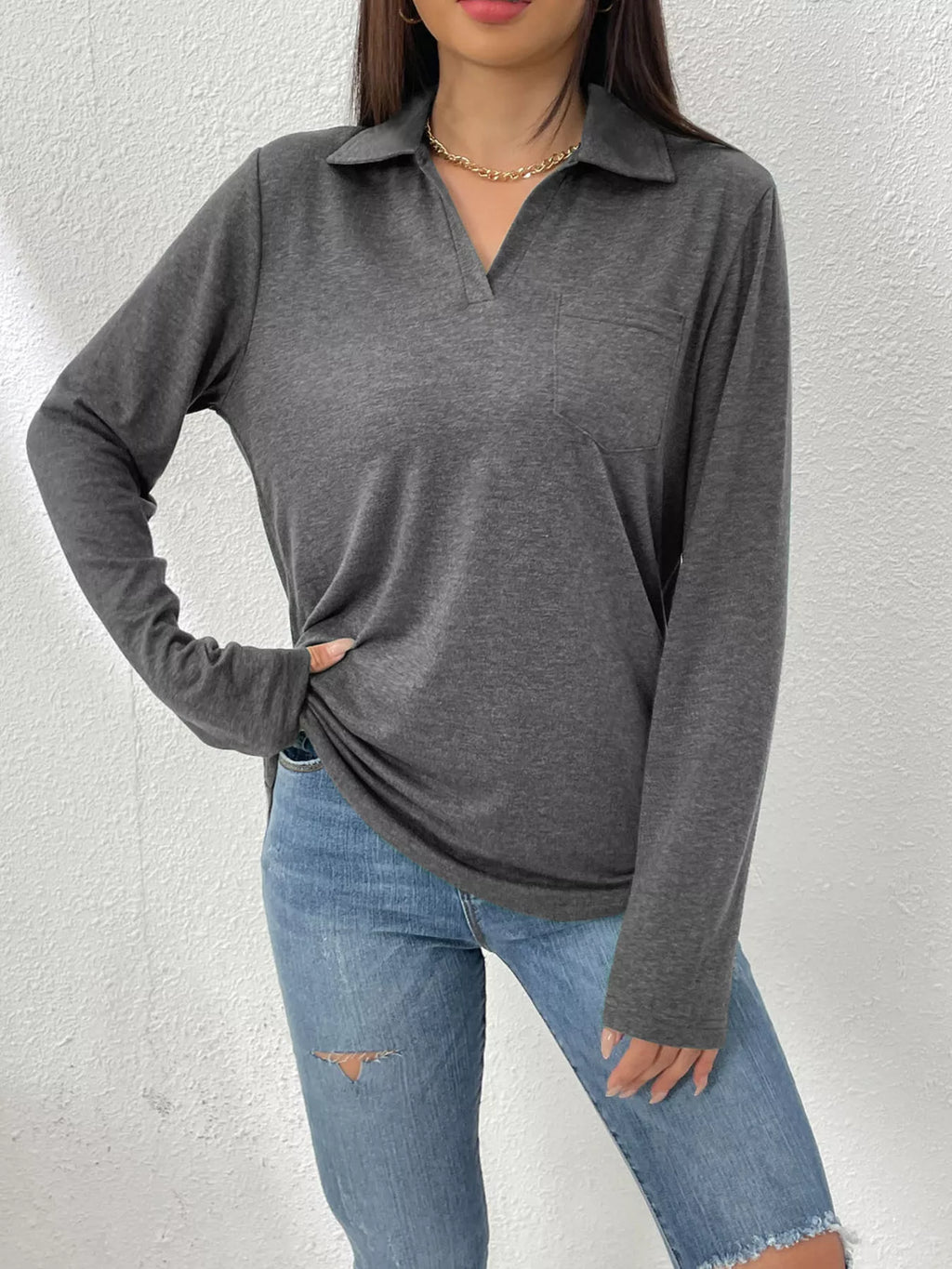 Women's Long Sleeve Polo Shirt Casual V-Neck Pullover Top