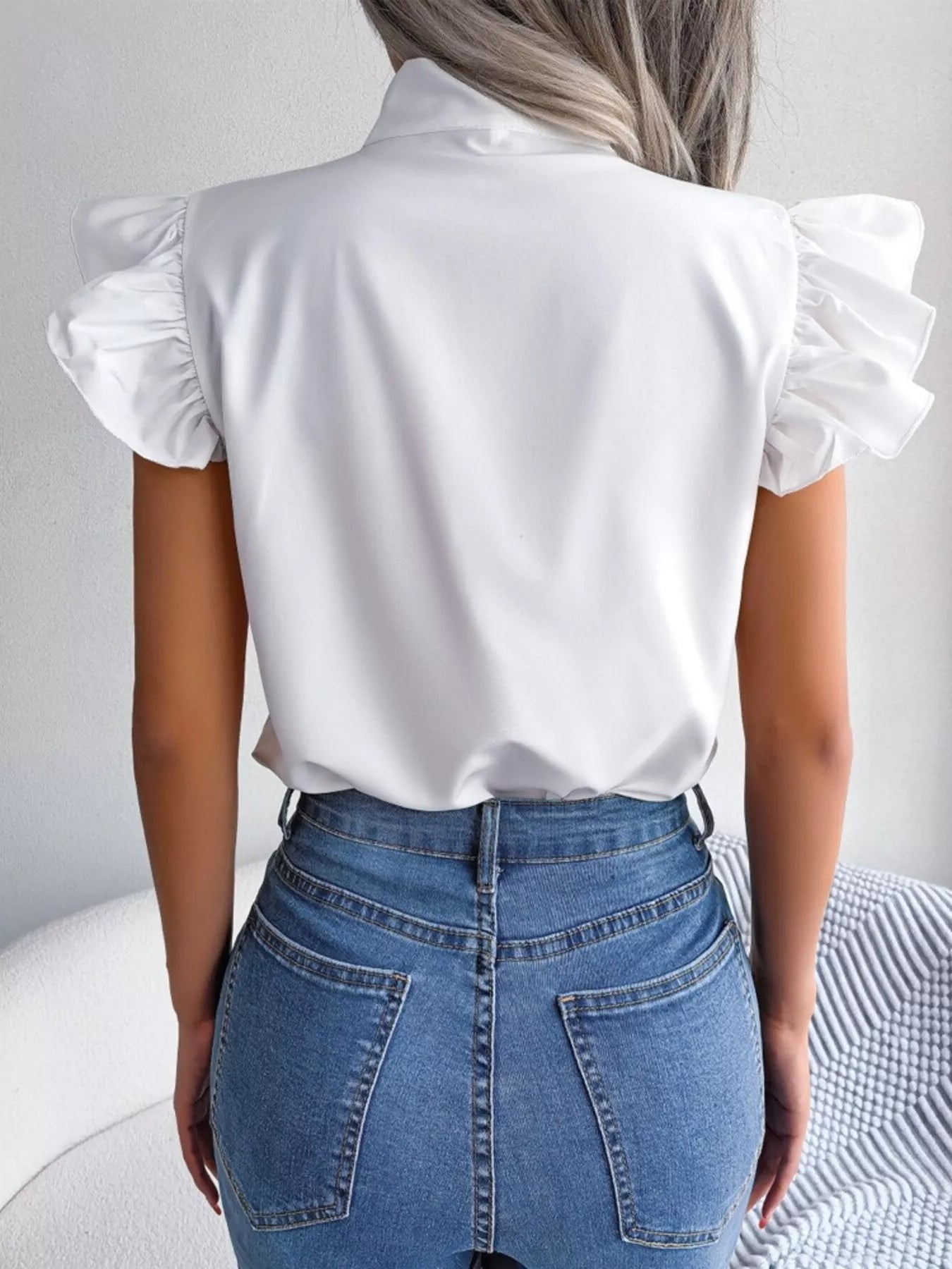 White Ruffle Sleeve Blouse with Elegant Bow Tie Detail