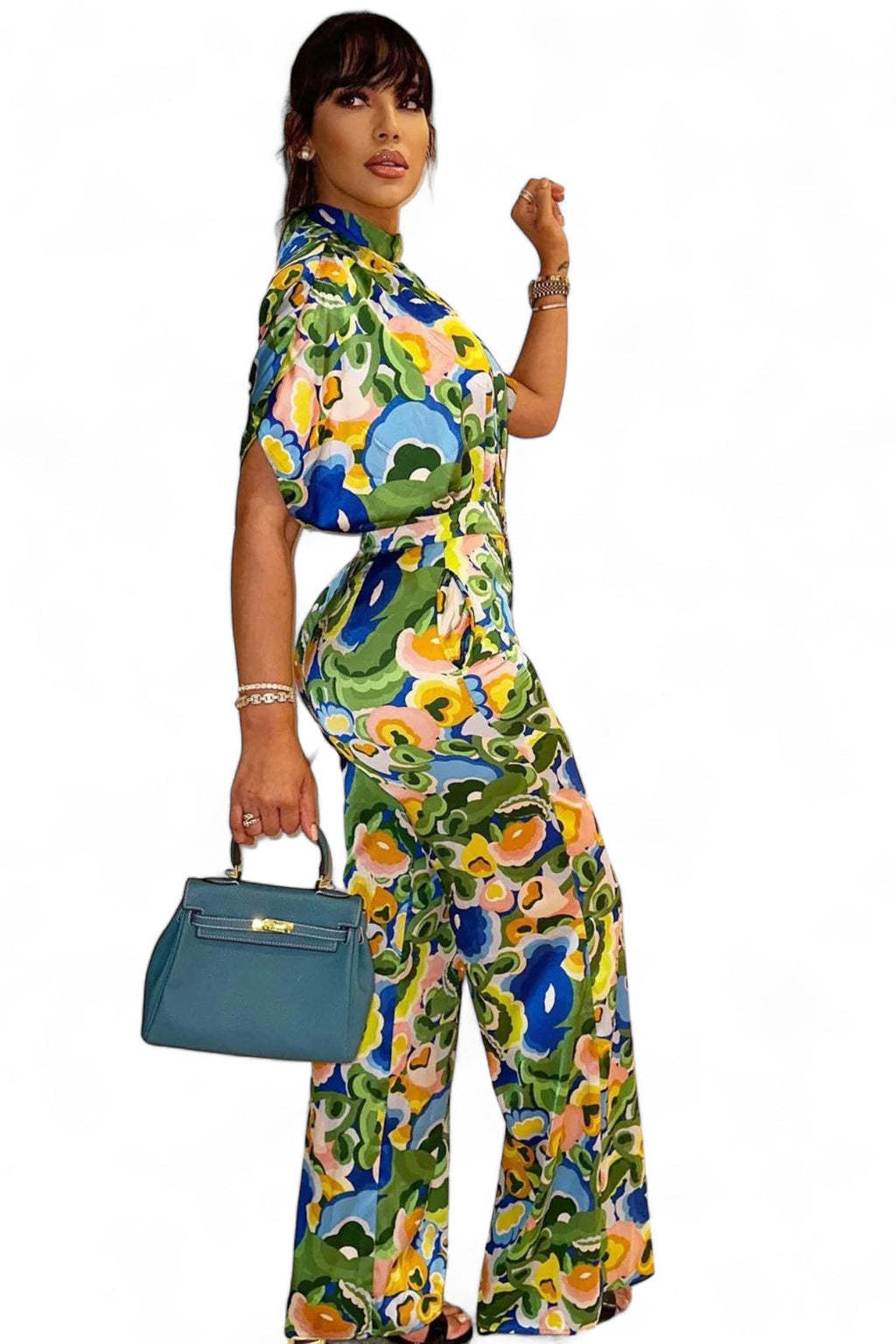 2 PC Mock Neck Short Sleeve High Waisted Wide Leg Set
