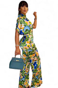 2 PC Mock Neck Short Sleeve High Waisted Wide Leg Set
