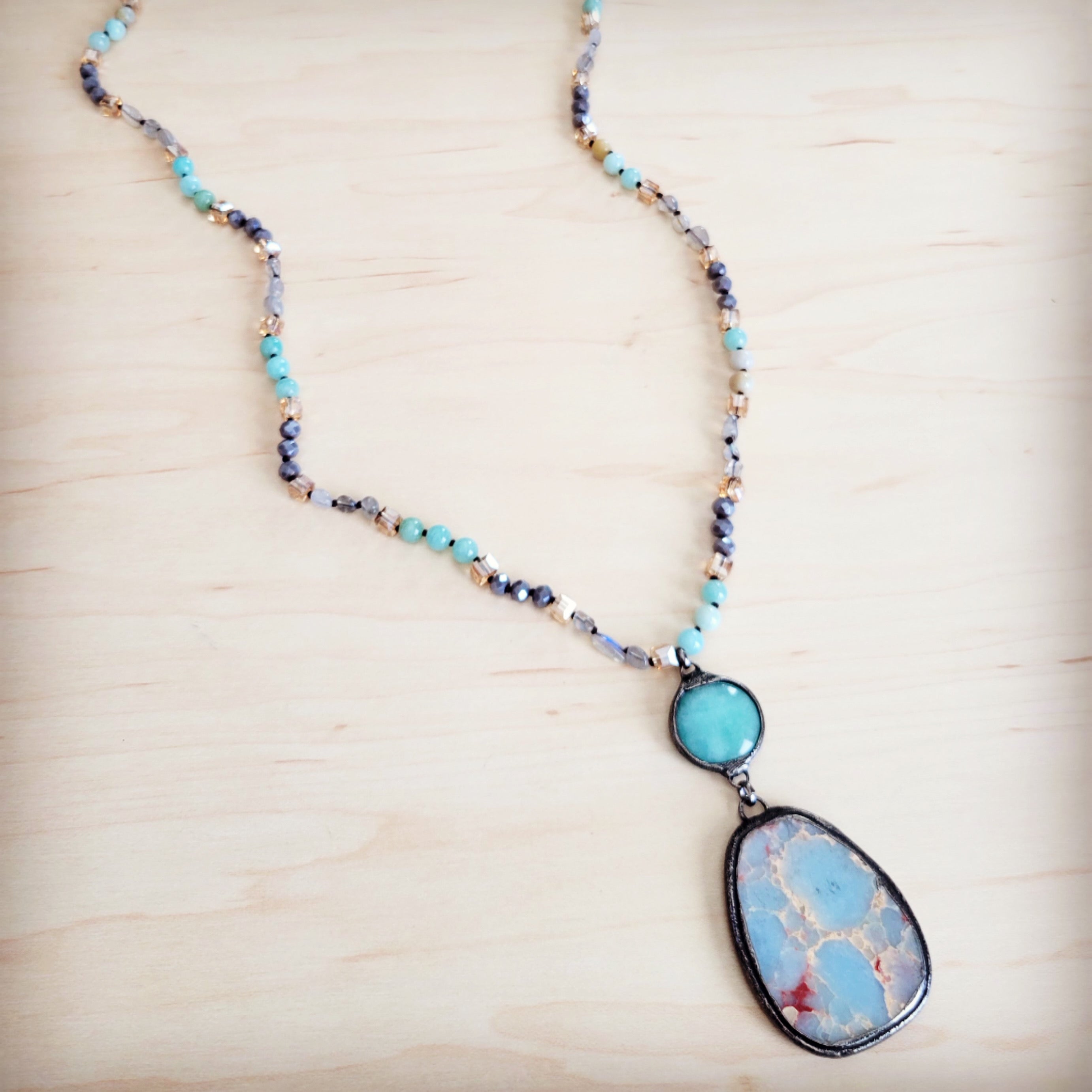 Amazonite & Crystal Long Beaded Necklace w/ Large Jasper Pendant 262q