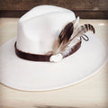 Genuine Leather Tan Hat Band w/ White Turquoise & Striped Feathers 953e