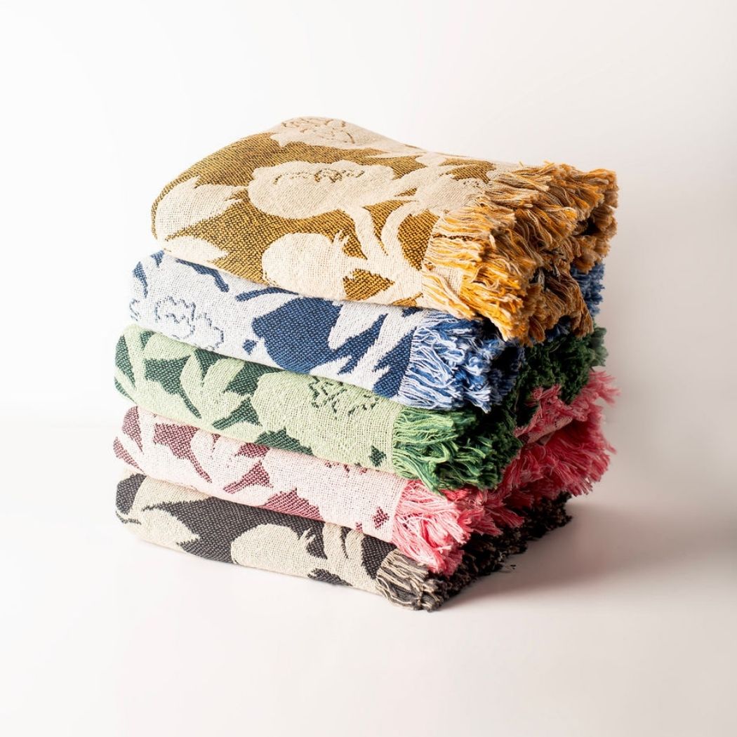 Blue Floral Jacquard Throw Blanket, Reversible Cotton Throw, Made in USA
