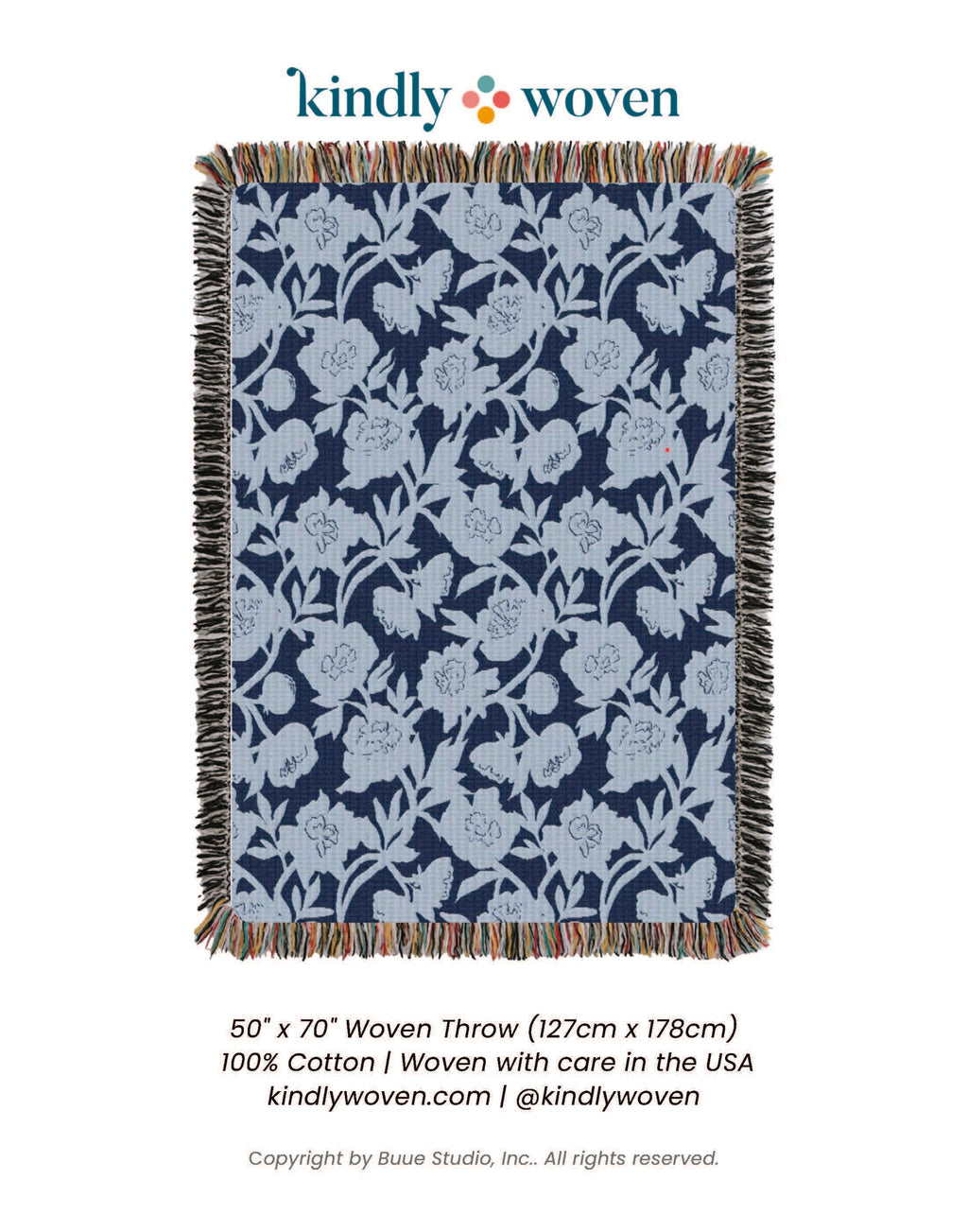 Blue Floral Jacquard Throw Blanket, Reversible Cotton Throw, Made in USA