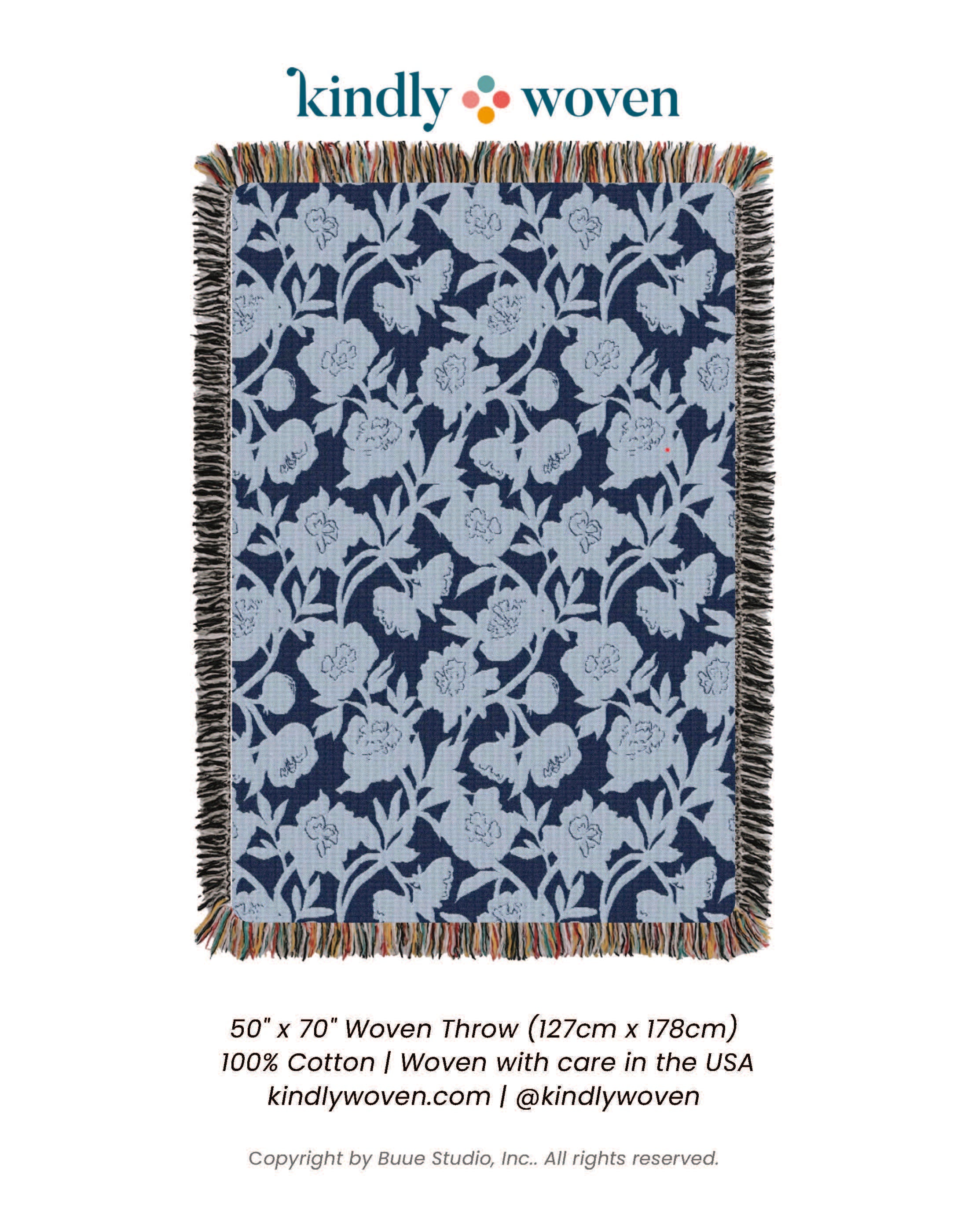 Blue Floral Jacquard Throw Blanket, Reversible Cotton Throw, Made in USA