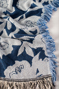 Blue Floral Jacquard Throw Blanket, Reversible Cotton Throw, Made in USA