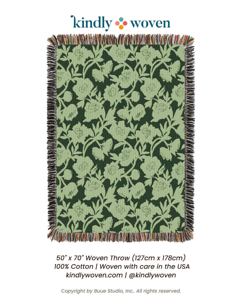 Botanical Green Throw Blanket, Reversible Cotton Jacquard Throw