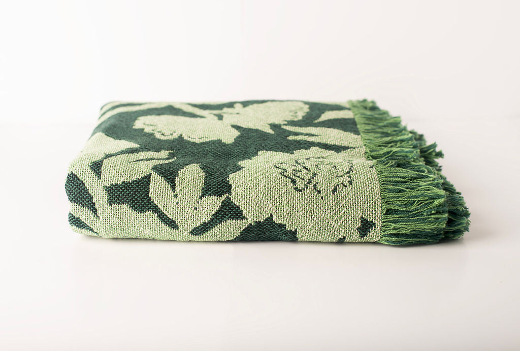 Botanical Green Throw Blanket, Reversible Cotton Jacquard Throw