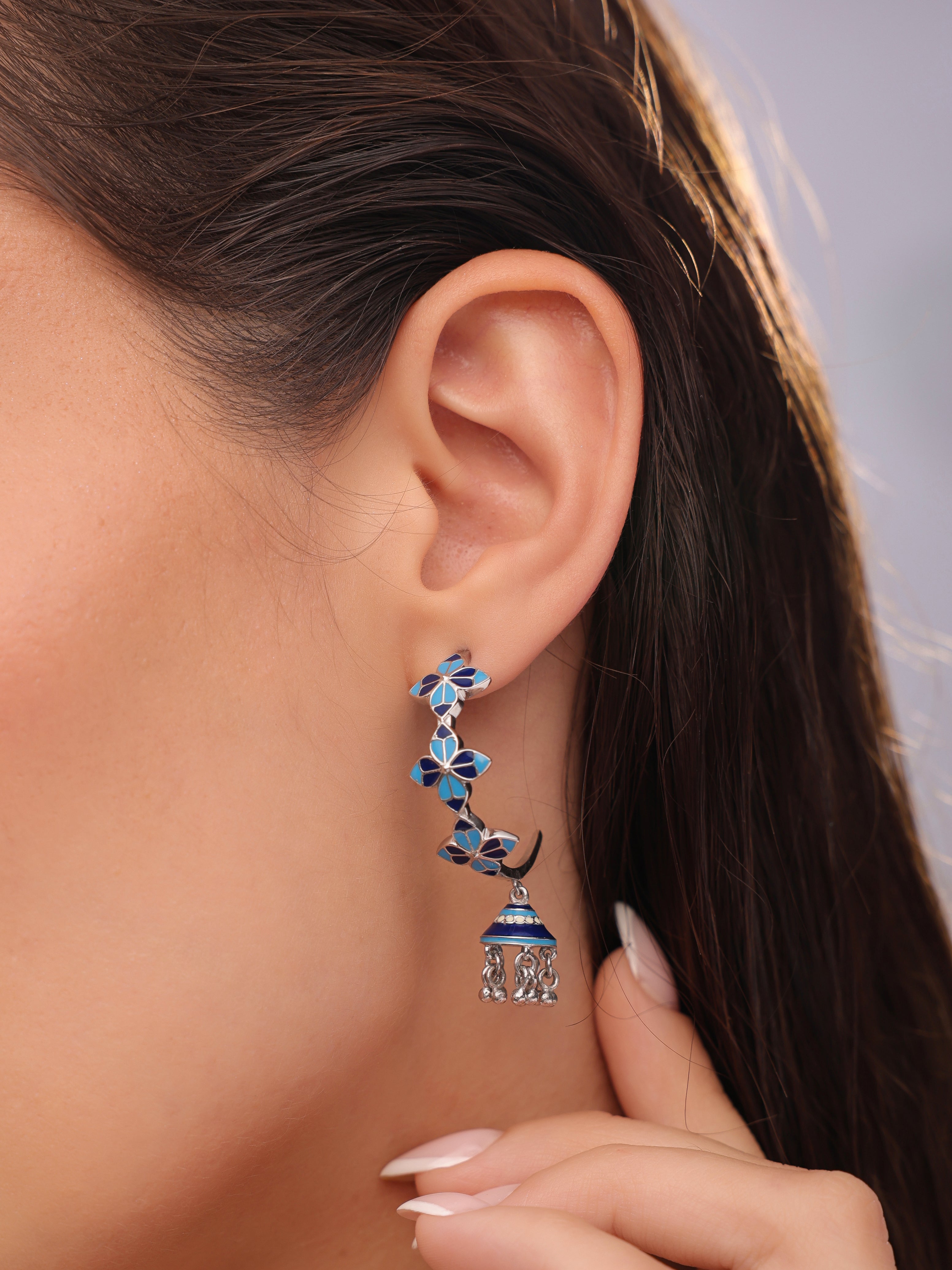 Blue Rosette Hoop Jhumka Earrings