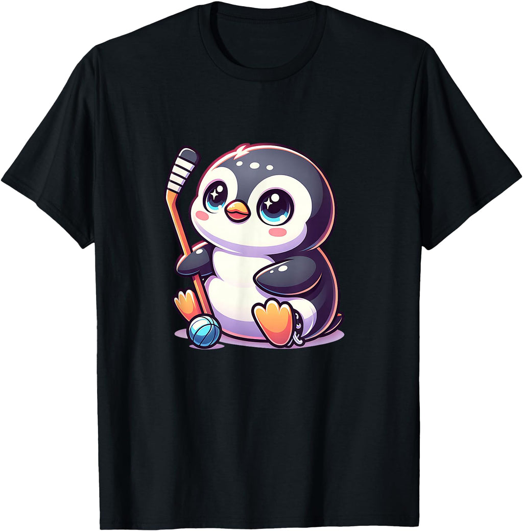 Penguin Ice Hockey Stick Kawaii T-Shirt - Fun Novelty Design Men Women