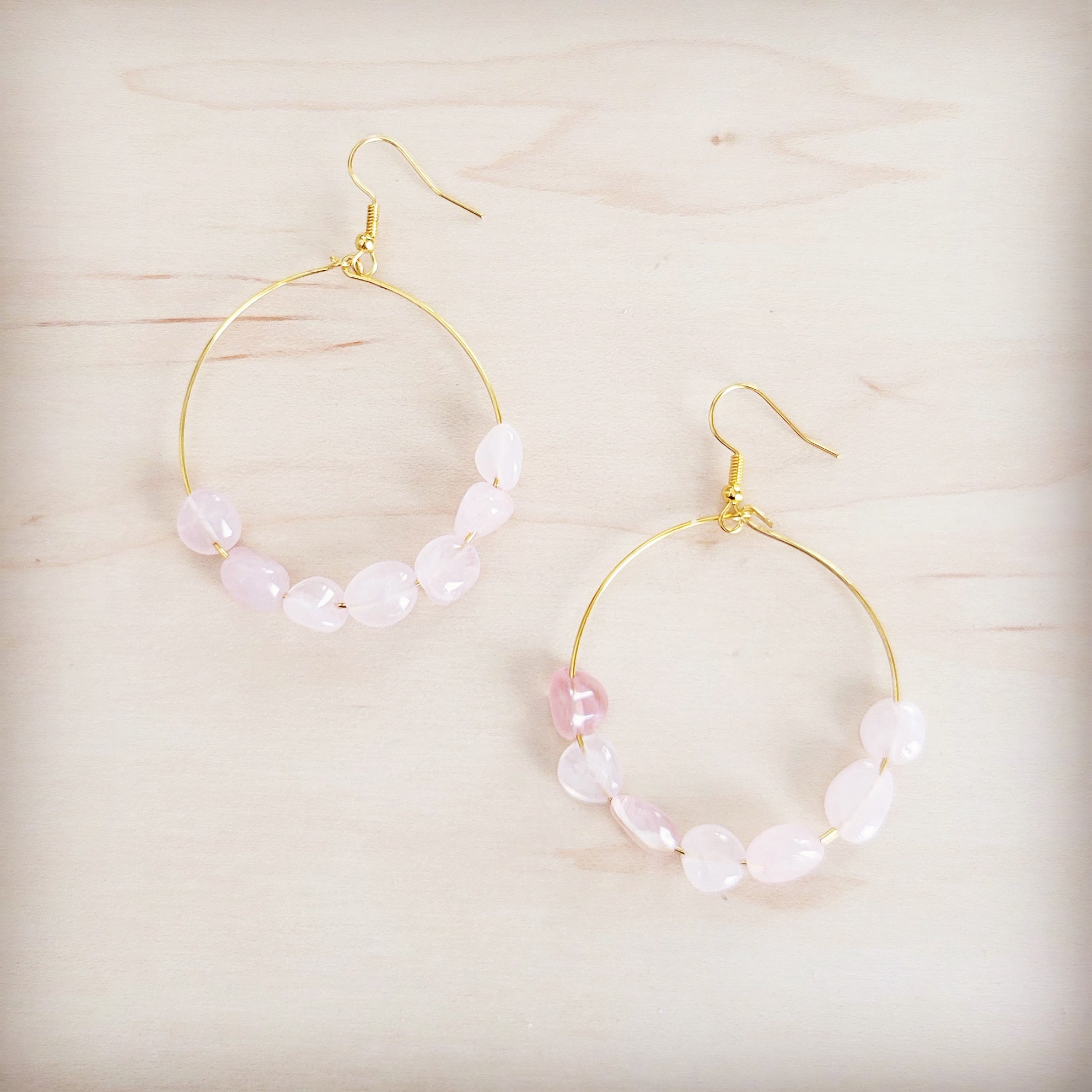 **Beaded Hoop Earrings- Genuine Natural Rose Quartz Stones 200bk
