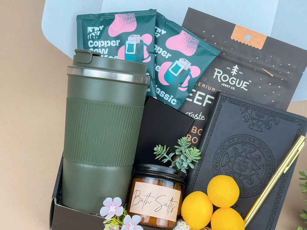 Birthday Gift Box for Him – Luxury Men's Gifts | Steel Tumbler, Gourmet Snacks & Spa Set