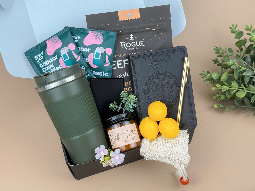 Birthday Gift Box for Him – Luxury Men's Gifts | Steel Tumbler, Gourmet Snacks & Spa Set