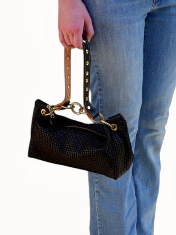 Blair Shoulder Bag, Black Embossed Leather