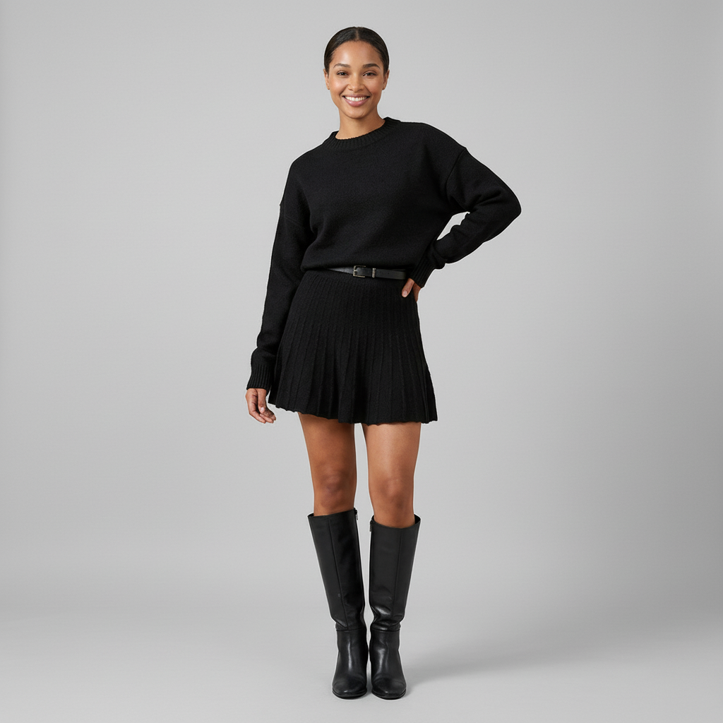 Round Neck Knit Pullover & Mini Skirt Set