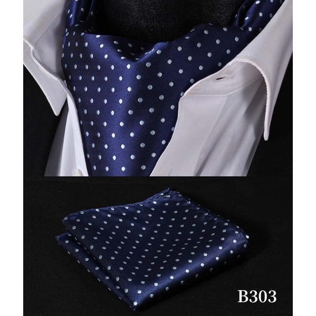 Blue Polka Dot Silk Ascot/Cravat Tie & Handkerchief