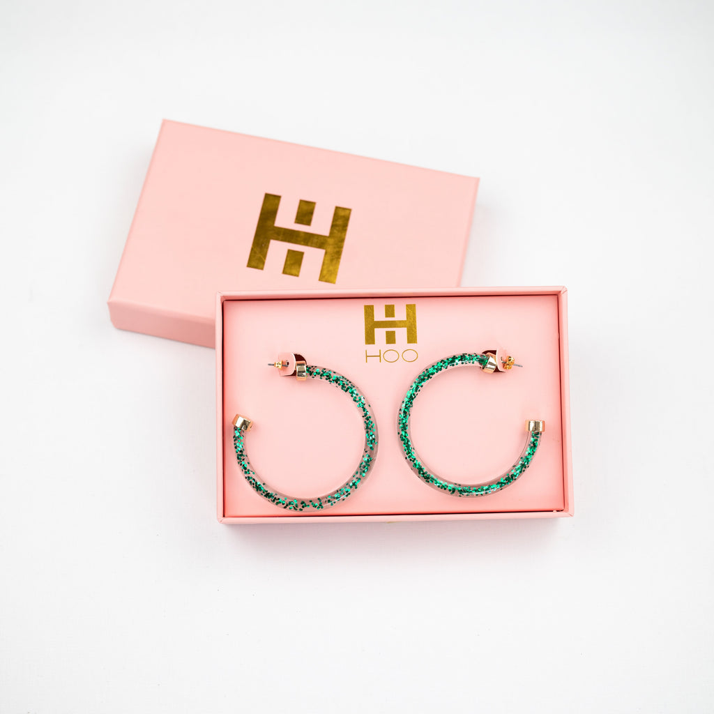 Green Glitter Hoop Earrings