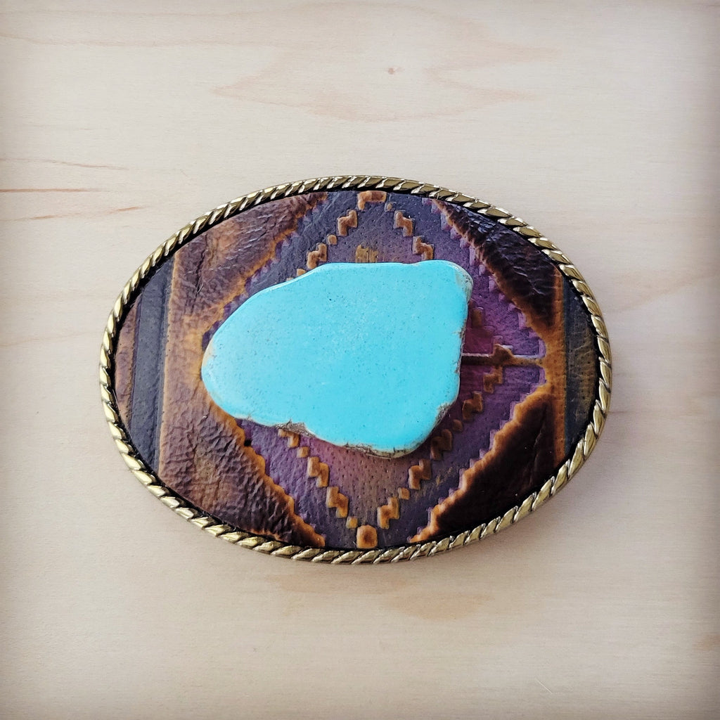 Rope Edge Magenta Navajo Leather Belt Buckle w/ Blue Turquoise 907z