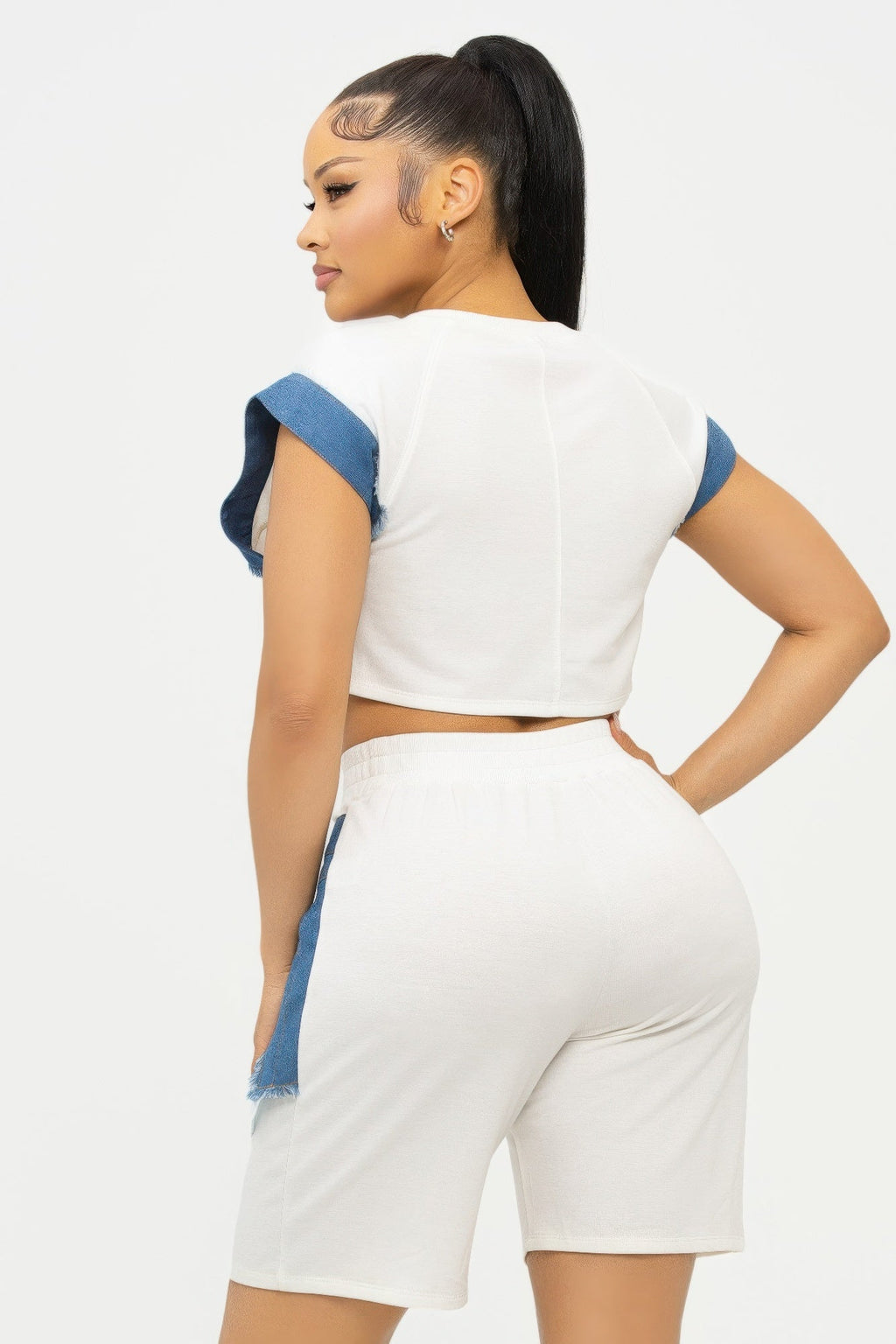 Color Block Denim Sleeve Top And Biker Shorts Set