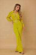Crochet Detailed Woven Top Fashon Jumpsuit (Lime Yellow)