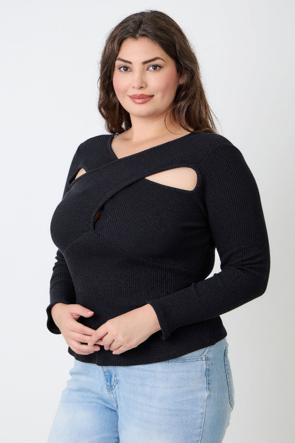 Plus Size Black Ribbed Cutout Long Sleeve Top