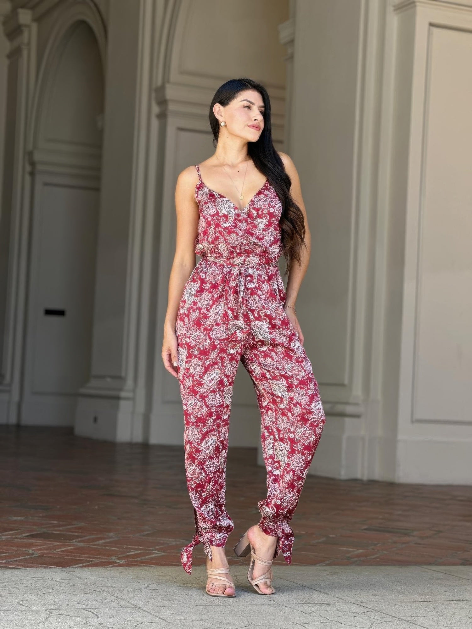 Paisley Print Tie Waist Jumpsuit – V-Neck Sleeveless Women's Summer Jumpsuit
