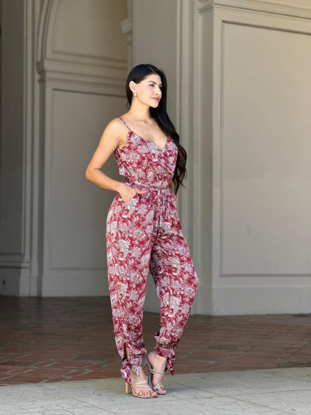 Paisley Print Tie Waist Jumpsuit – V-Neck Sleeveless Women's Summer Jumpsuit