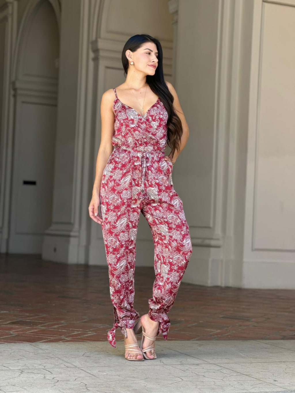 Paisley Print Tie Waist Jumpsuit – V-Neck Sleeveless Women's Summer Jumpsuit