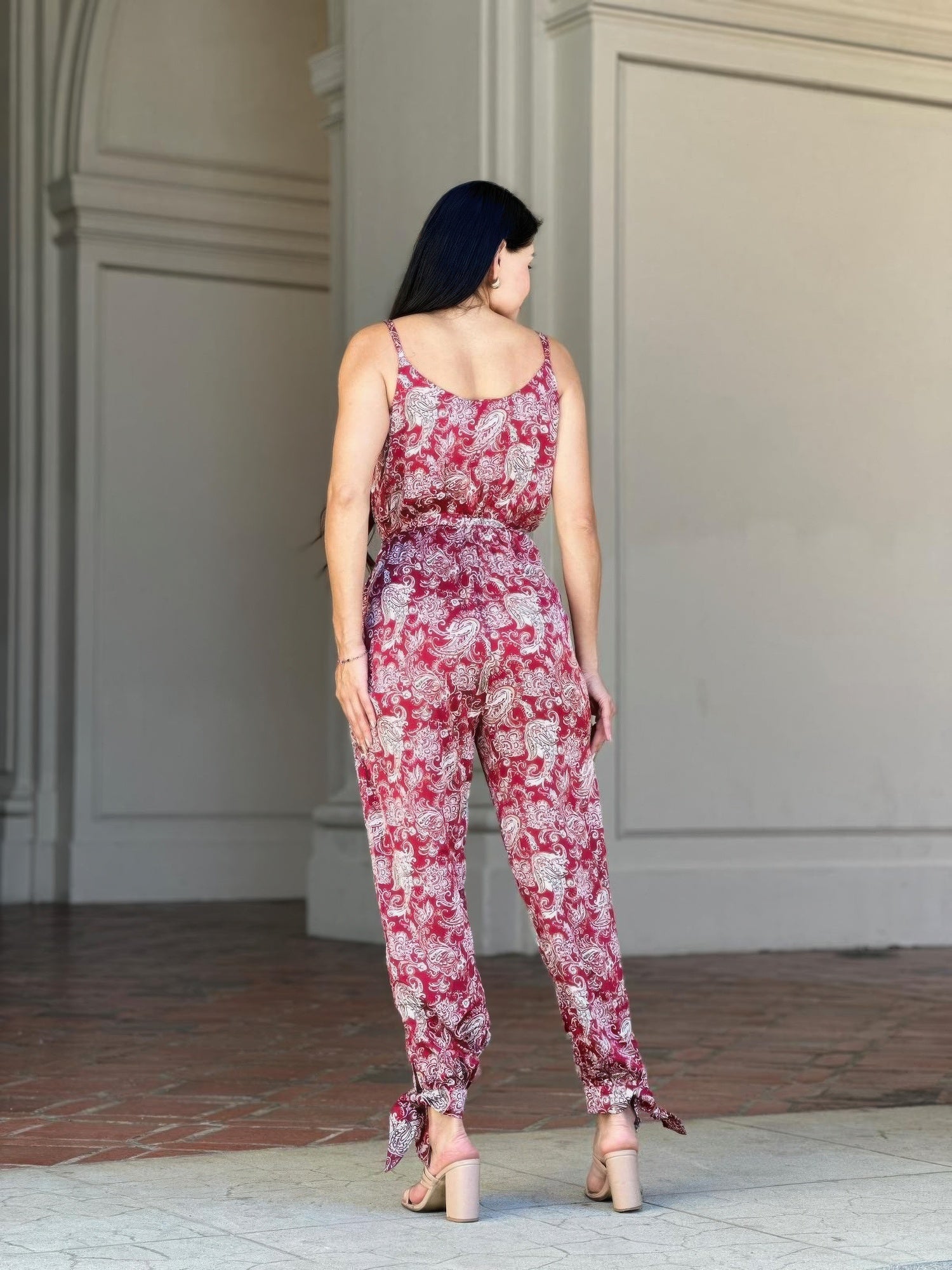 Paisley Print Tie Waist Jumpsuit – V-Neck Sleeveless Women's Summer Jumpsuit