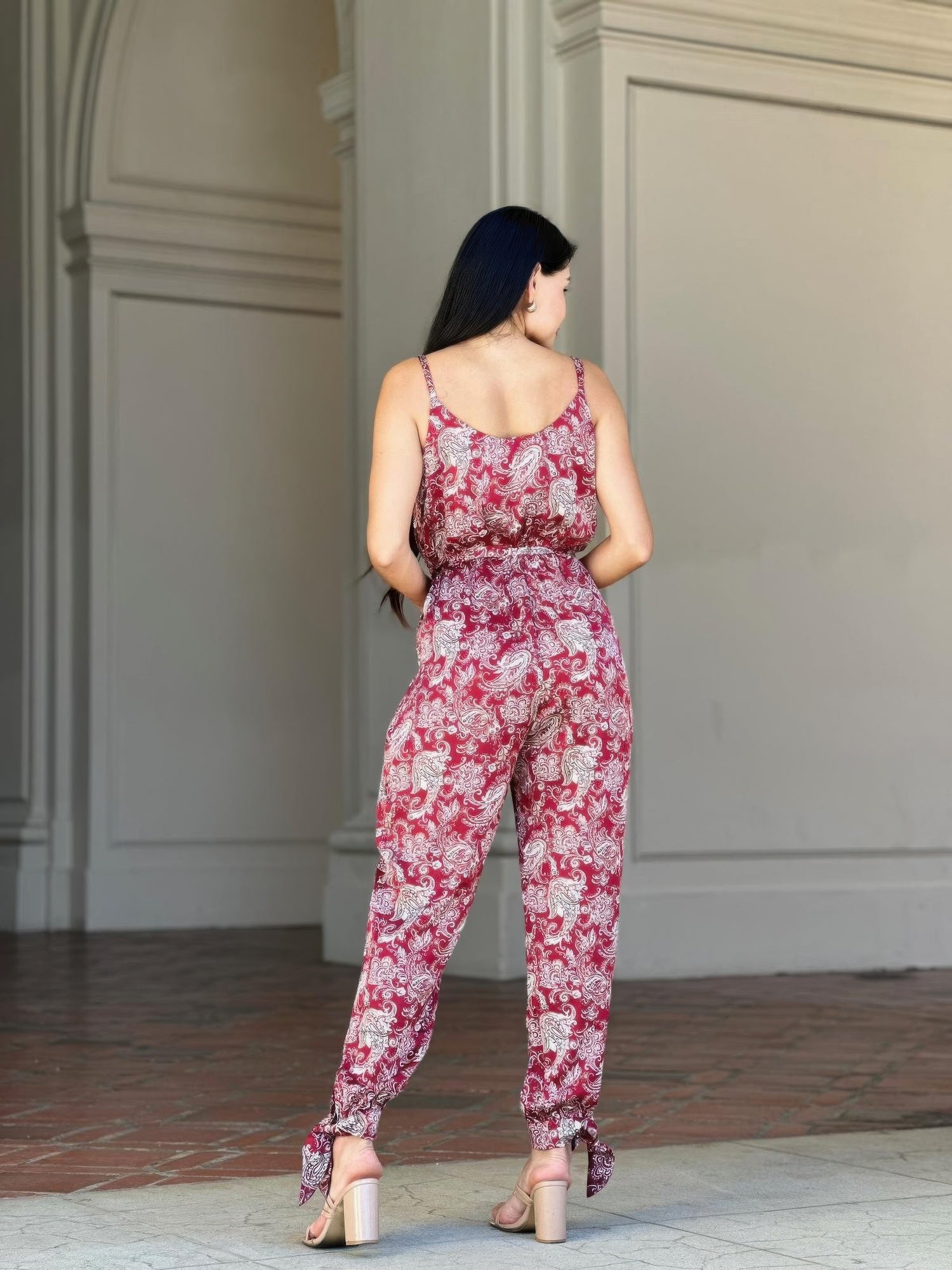 Paisley Print Tie Waist Jumpsuit – V-Neck Sleeveless Women's Summer Jumpsuit