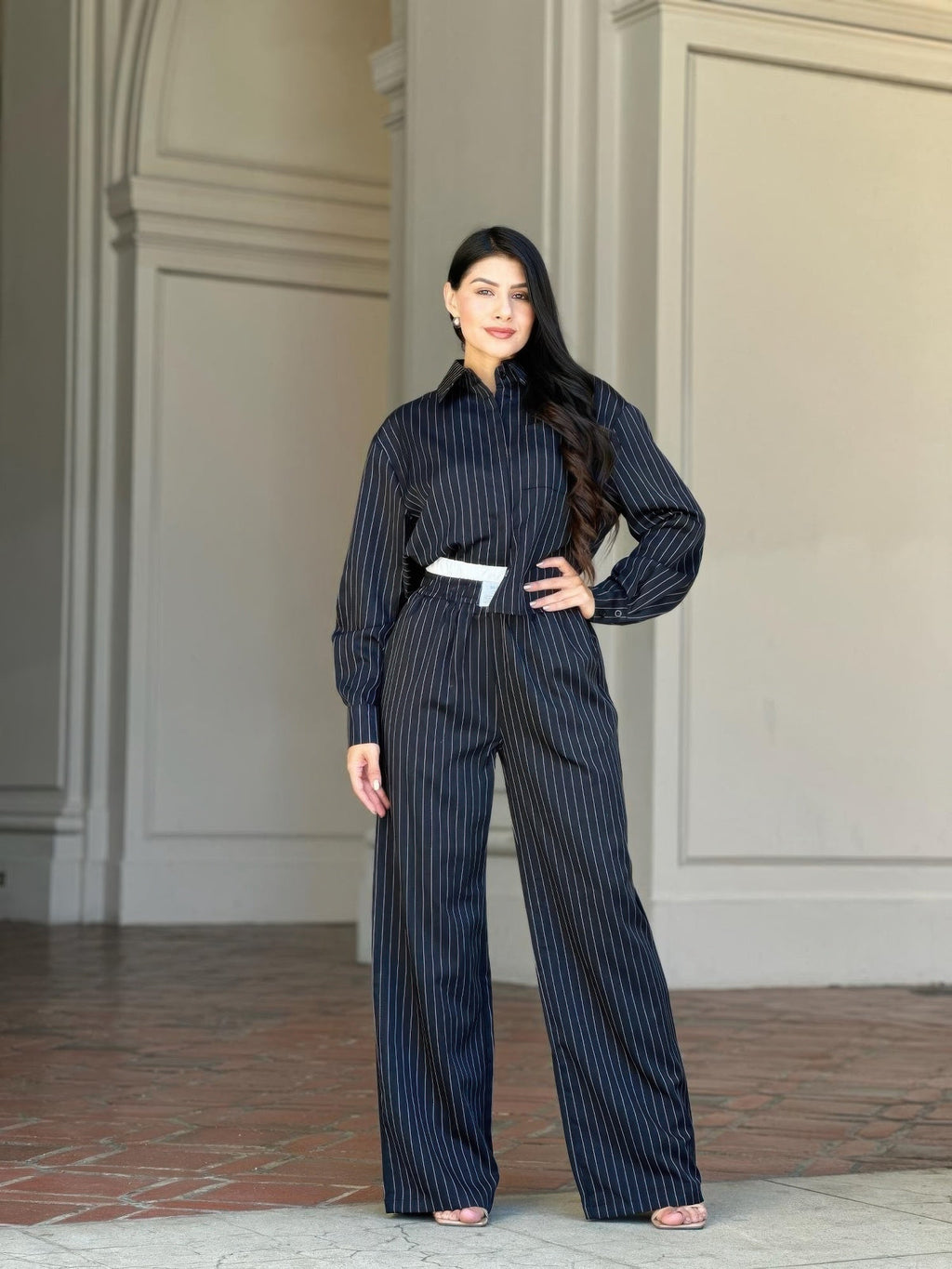 Striped Set With Double Waistband Pants And Top