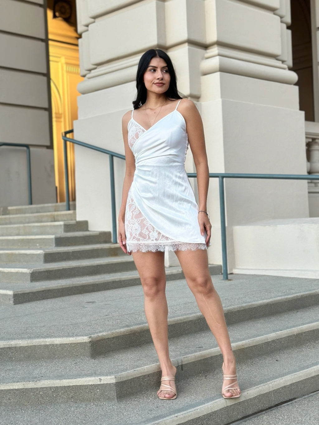 Sexy Party Satin Wrap Like & Lace Nude Mini Dress