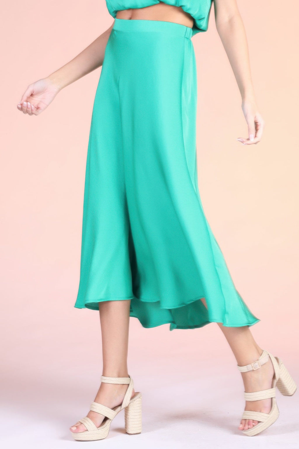 Washed Poly Silk Midi Swing Skirt